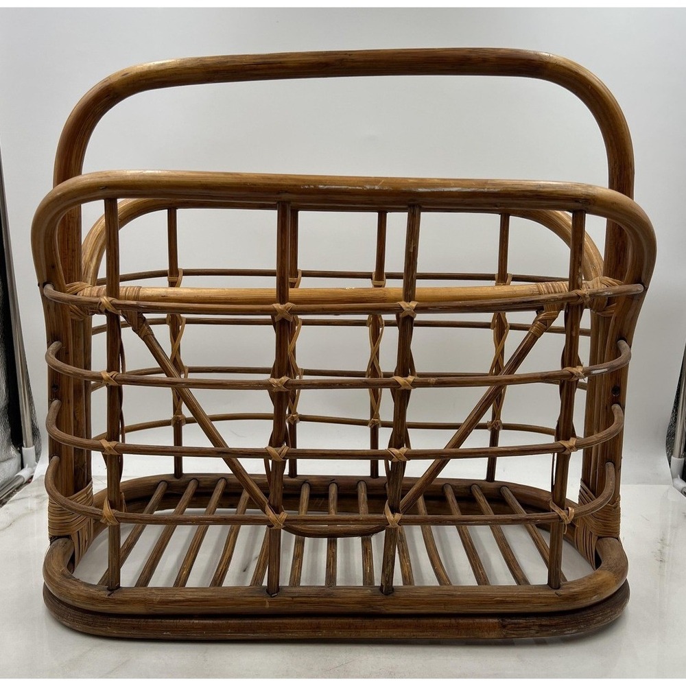 Vintage Rattan Magazine Rack Bamboo Wicker Boho Bentwood Newspaper Holder Large